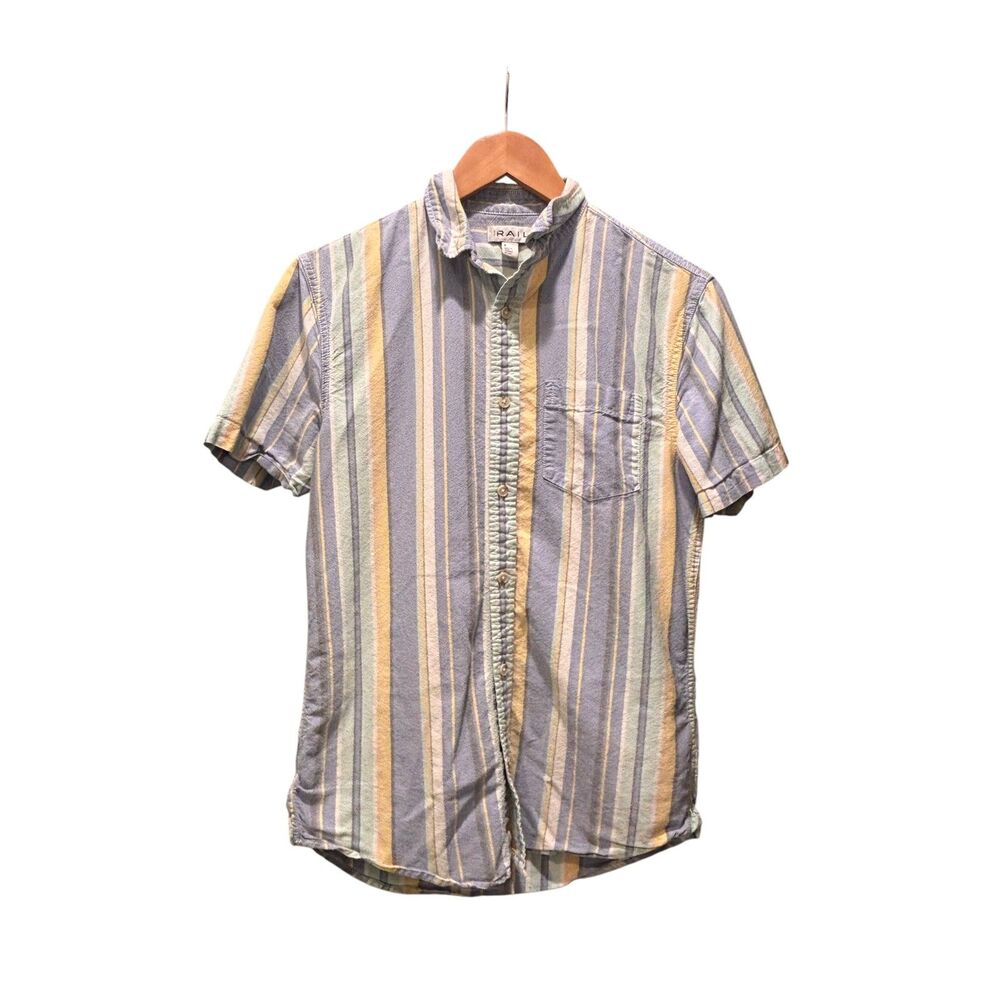 The Rail Striped Short Sleeve Button-Up Shirt Blue Yellow 100% Cotton Men's S